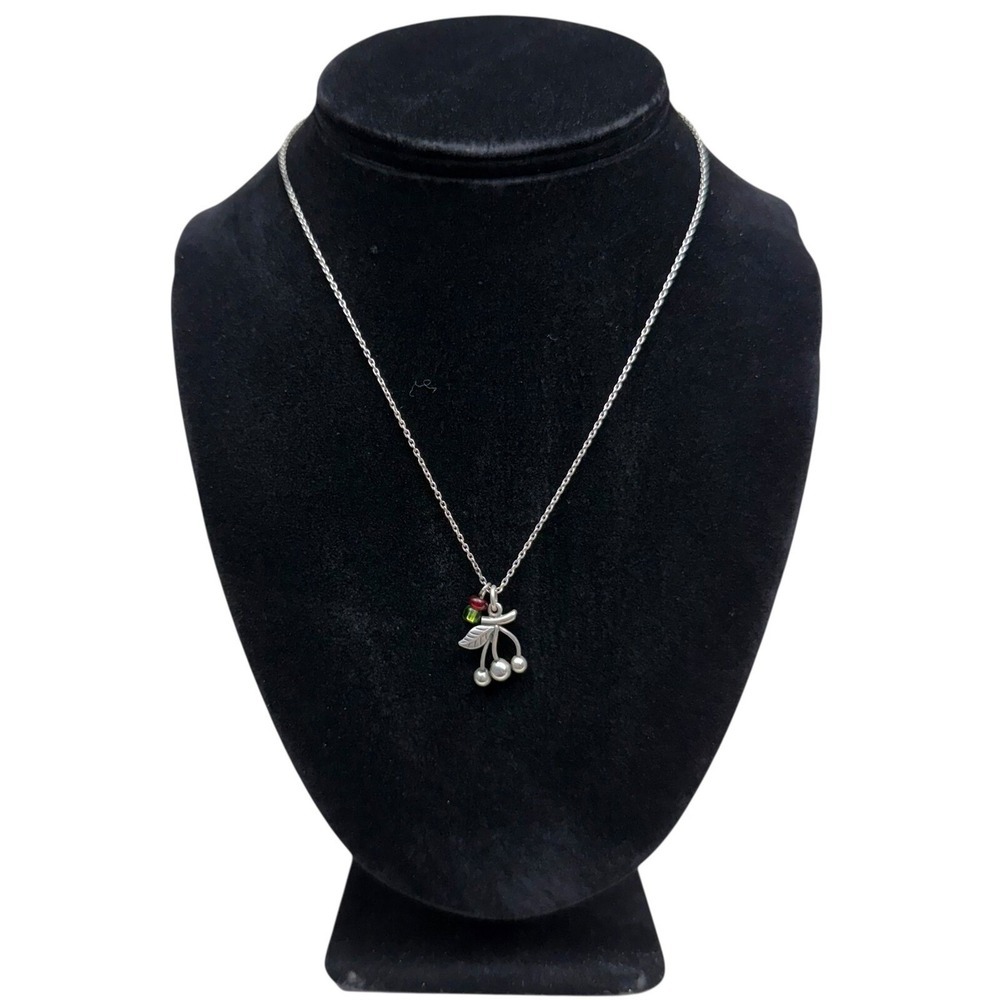 925 Sterling Silver Cherry Pendant Necklace Beaded Fruit Charm Jewelry 8.5 in L
